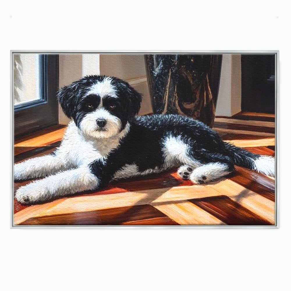 Leinwandbilder Premium, LuxCanva® M1292, Sonnenschein, Parkett, Holz, Licht, Sonne, Hund, häuslich, Schatten, Fenster, rustikal, innen, Büro, Wohnen, Wohnzimmer, Kinderzimmer