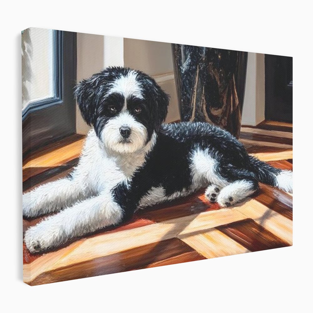 Leinwandbilder Premium, LuxCanva® M1292, Sonnenschein, Parkett, Holz, Licht, Sonne, Hund, häuslich, Schatten, Fenster, rustikal, innen, Büro, Wohnen, Wohnzimmer, Kinderzimmer
