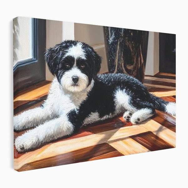 Leinwandbilder Premium, LuxCanva® M1292, Sonnenschein, Parkett, Holz, Licht, Sonne, Hund, häuslich, Schatten, Fenster, rustikal, innen, Büro, Wohnen, Wohnzimmer, Kinderzimmer