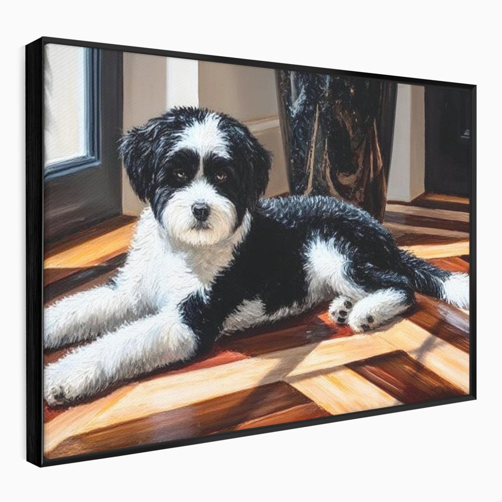 Leinwandbilder Premium, LuxCanva® M1292, Sonnenschein, Parkett, Holz, Licht, Sonne, Hund, häuslich, Schatten, Fenster, rustikal, innen, Büro, Wohnen, Wohnzimmer, Kinderzimmer