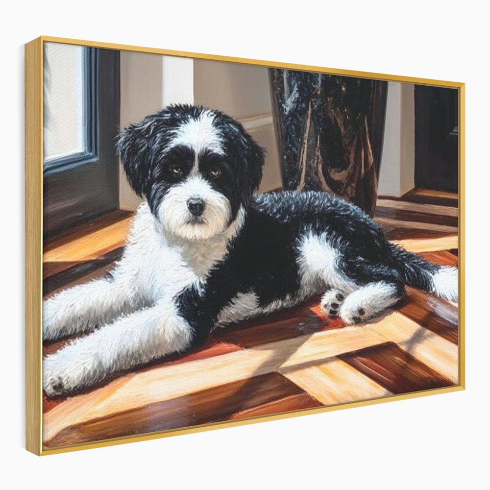 Leinwandbilder Premium, LuxCanva® M1292, Sonnenschein, Parkett, Holz, Licht, Sonne, Hund, häuslich, Schatten, Fenster, rustikal, innen, Büro, Wohnen, Wohnzimmer, Kinderzimmer