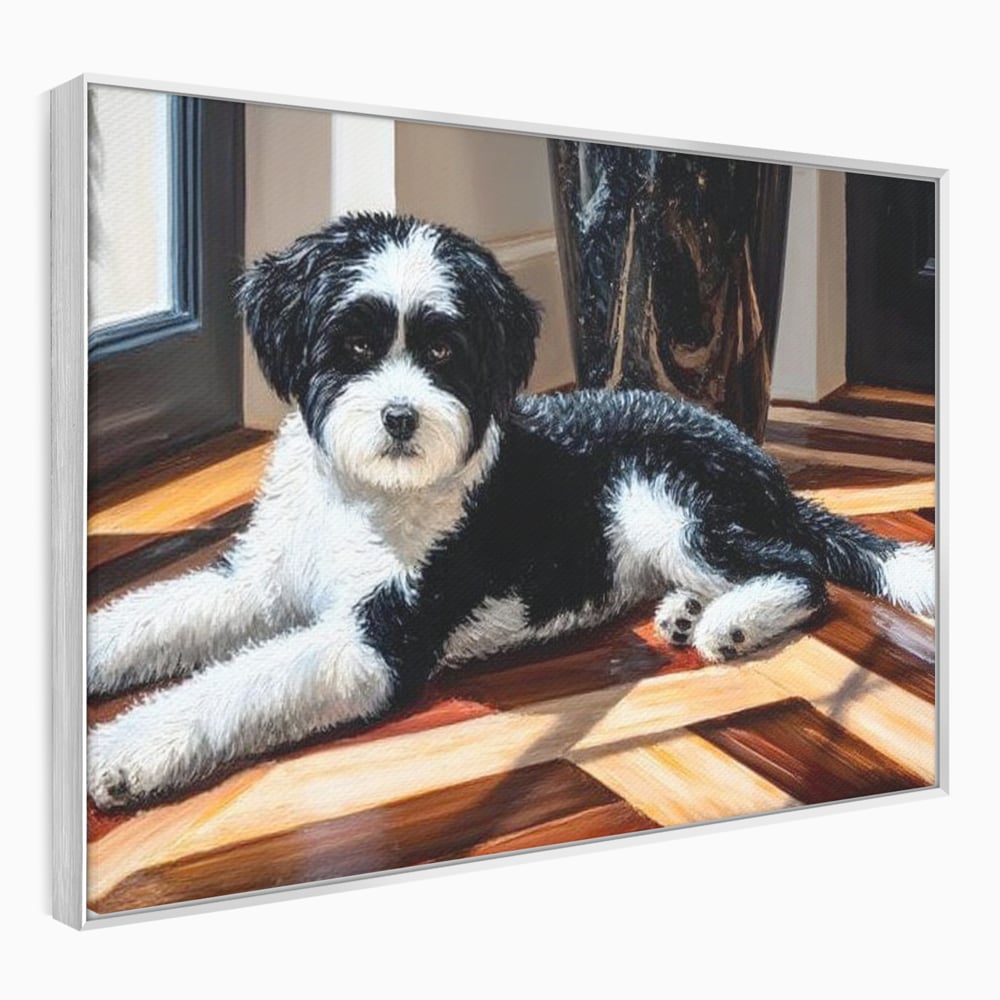 Leinwandbilder Premium, LuxCanva® M1292, Sonnenschein, Parkett, Holz, Licht, Sonne, Hund, häuslich, Schatten, Fenster, rustikal, innen, Büro, Wohnen, Wohnzimmer, Kinderzimmer
