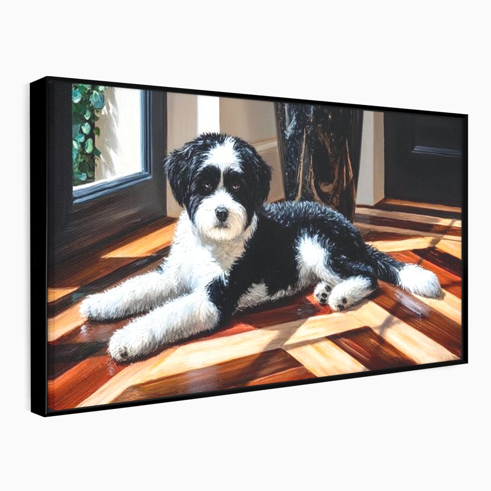 Leinwandbilder Premium, LuxCanva® M1292, Sonnenschein, Parkett, Holz, Licht, Sonne, Hund, häuslich, Schatten, Fenster, rustikal, innen, Büro, Wohnen, Wohnzimmer, Kinderzimmer