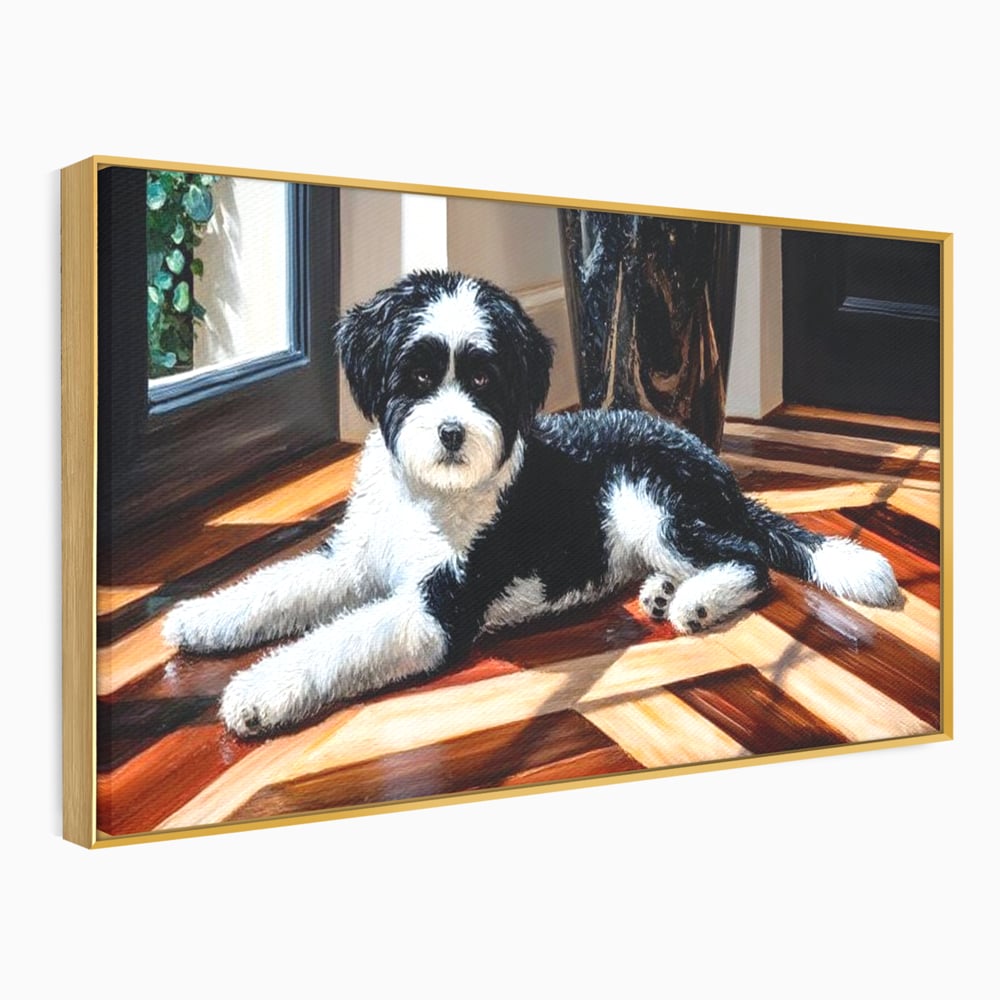 Leinwandbilder Premium, LuxCanva® M1292, Sonnenschein, Parkett, Holz, Licht, Sonne, Hund, häuslich, Schatten, Fenster, rustikal, innen, Büro, Wohnen, Wohnzimmer, Kinderzimmer