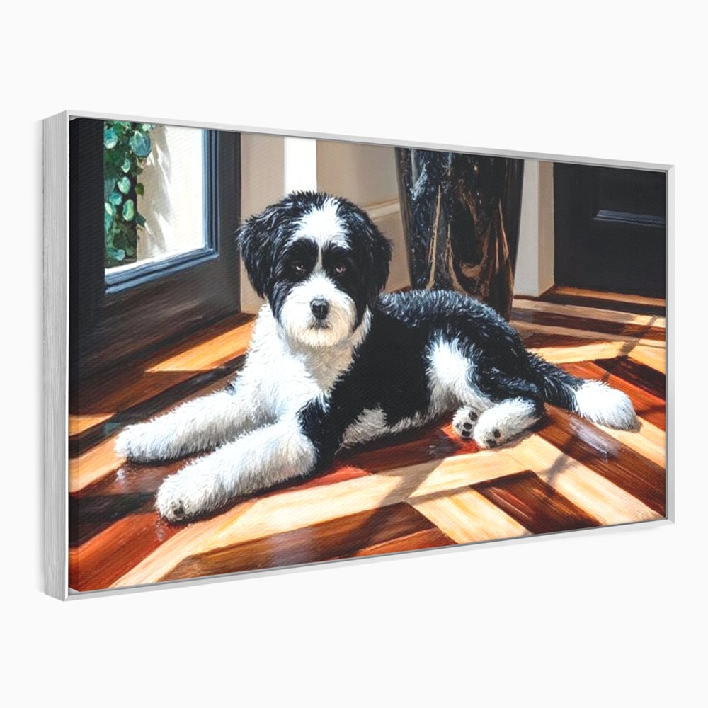 Leinwandbilder Premium, LuxCanva® M1292, Sonnenschein, Parkett, Holz, Licht, Sonne, Hund, häuslich, Schatten, Fenster, rustikal, innen, Büro, Wohnen, Wohnzimmer, Kinderzimmer