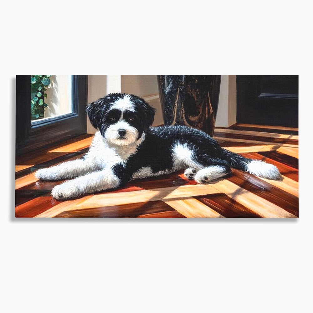 Leinwandbilder Premium, LuxCanva® M1292, Sonnenschein, Parkett, Holz, Licht, Sonne, Hund, häuslich, Schatten, Fenster, rustikal, innen, Büro, Wohnen, Wohnzimmer, Kinderzimmer