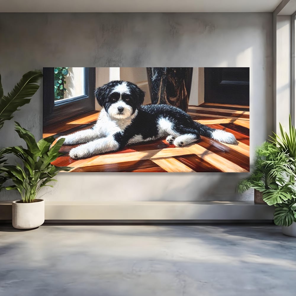 Leinwandbilder Premium, LuxCanva® M1292, Sonnenschein, Parkett, Holz, Licht, Sonne, Hund, häuslich, Schatten, Fenster, rustikal, innen, Büro, Wohnen, Wohnzimmer, Kinderzimmer