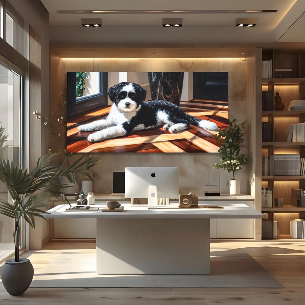 Leinwandbilder Premium, LuxCanva® M1292, Sonnenschein, Parkett, Holz, Licht, Sonne, Hund, häuslich, Schatten, Fenster, rustikal, innen, Büro, Wohnen, Wohnzimmer, Kinderzimmer