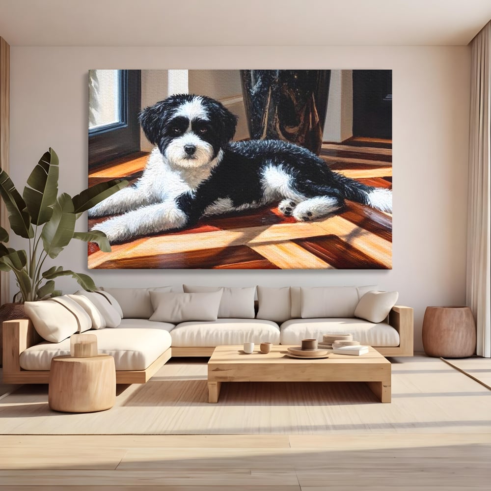 Leinwandbilder Premium, LuxCanva® M1292, Sonnenschein, Parkett, Holz, Licht, Sonne, Hund, häuslich, Schatten, Fenster, rustikal, innen, Büro, Wohnen, Wohnzimmer, Kinderzimmer