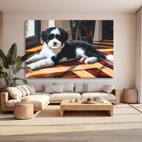 Leinwandbilder Premium, LuxCanva® M1292, Sonnenschein, Parkett, Holz, Licht, Sonne, Hund, häuslich, Schatten, Fenster, rustikal, innen, Büro, Wohnen, Wohnzimmer, Kinderzimmer