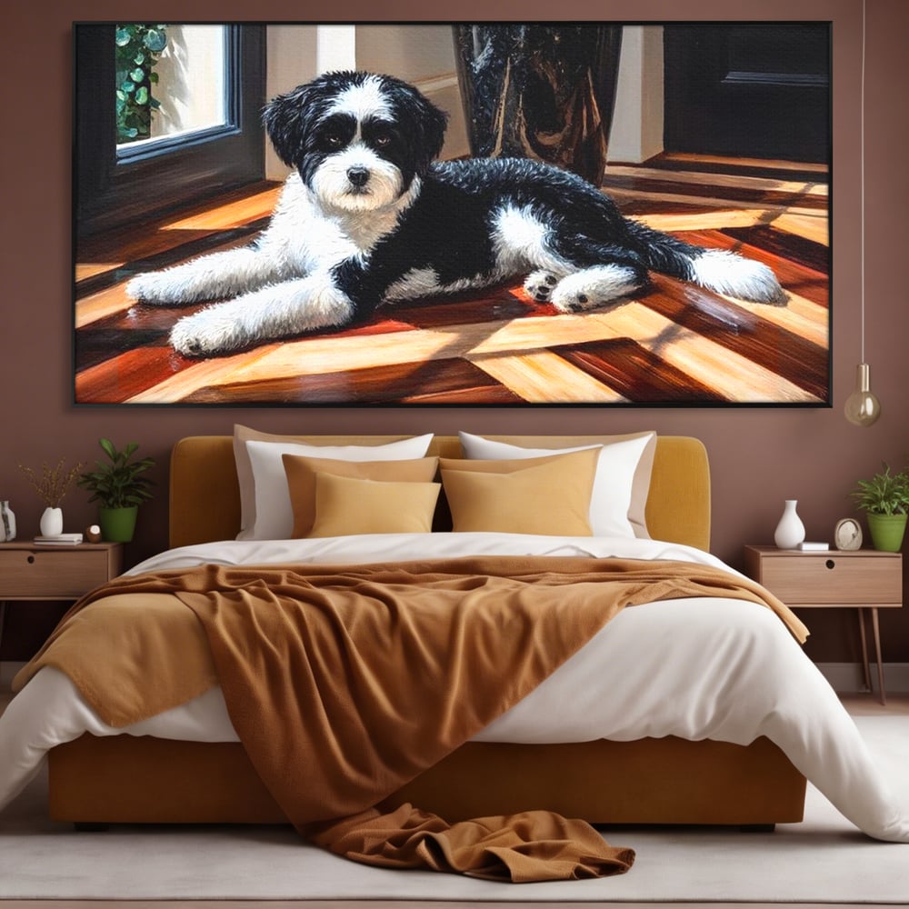 Leinwandbilder Premium, LuxCanva® M1292, Sonnenschein, Parkett, Holz, Licht, Sonne, Hund, häuslich, Schatten, Fenster, rustikal, innen, Büro, Wohnen, Wohnzimmer, Kinderzimmer