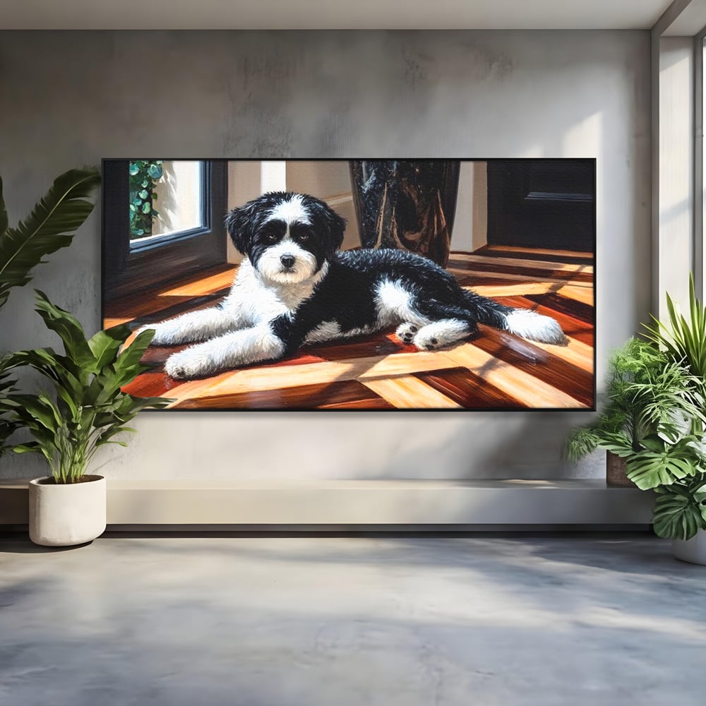 Leinwandbilder Premium, LuxCanva® M1292, Sonnenschein, Parkett, Holz, Licht, Sonne, Hund, häuslich, Schatten, Fenster, rustikal, innen, Büro, Wohnen, Wohnzimmer, Kinderzimmer