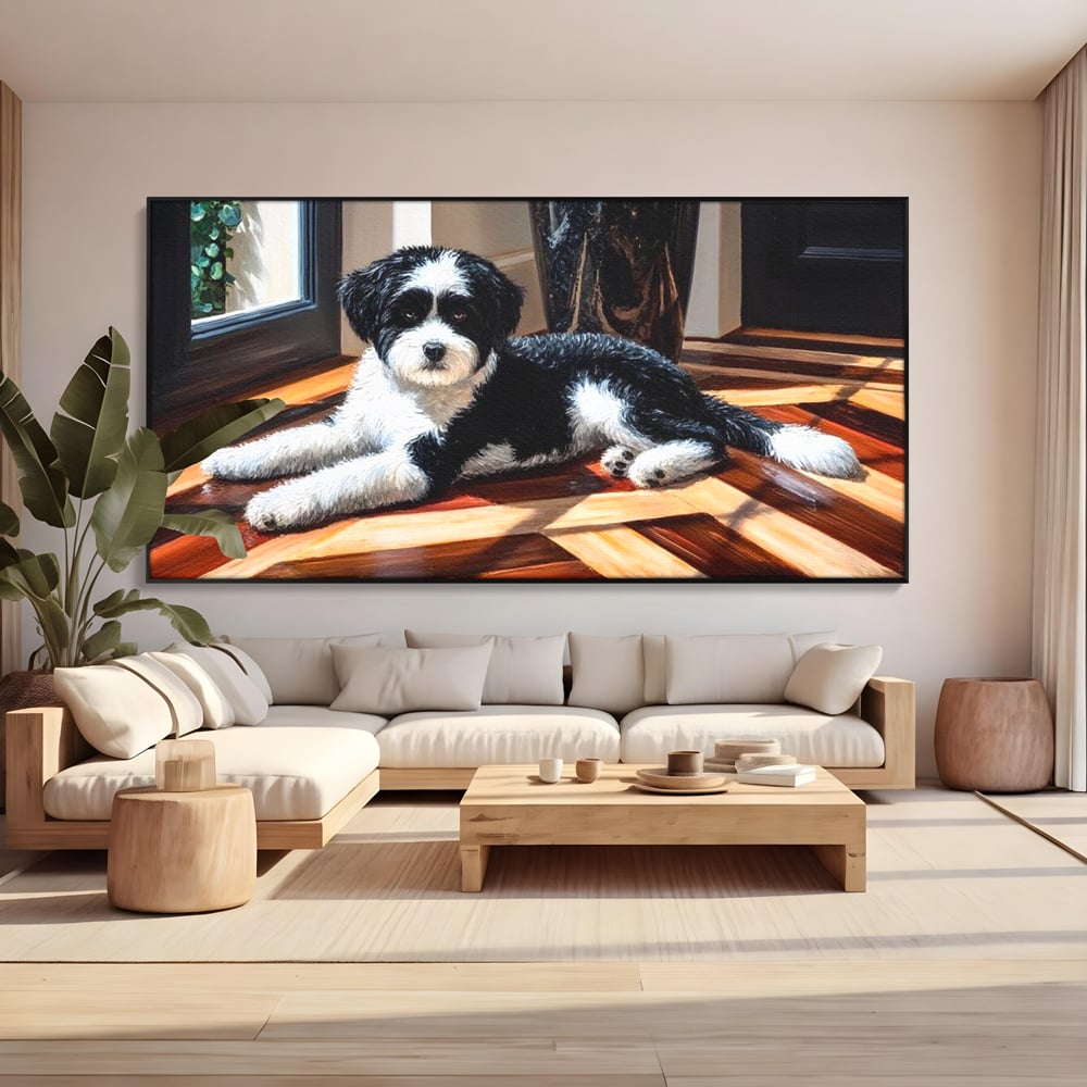 Leinwandbilder Premium, LuxCanva® M1292, Sonnenschein, Parkett, Holz, Licht, Sonne, Hund, häuslich, Schatten, Fenster, rustikal, innen, Büro, Wohnen, Wohnzimmer, Kinderzimmer