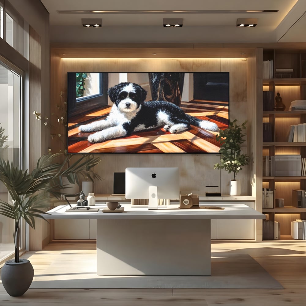 Leinwandbilder Premium, LuxCanva® M1292, Sonnenschein, Parkett, Holz, Licht, Sonne, Hund, häuslich, Schatten, Fenster, rustikal, innen, Büro, Wohnen, Wohnzimmer, Kinderzimmer