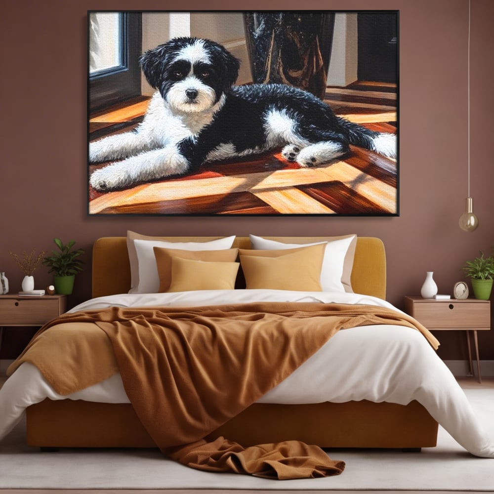 Leinwandbilder Premium, LuxCanva® M1292, Sonnenschein, Parkett, Holz, Licht, Sonne, Hund, häuslich, Schatten, Fenster, rustikal, innen, Büro, Wohnen, Wohnzimmer, Kinderzimmer