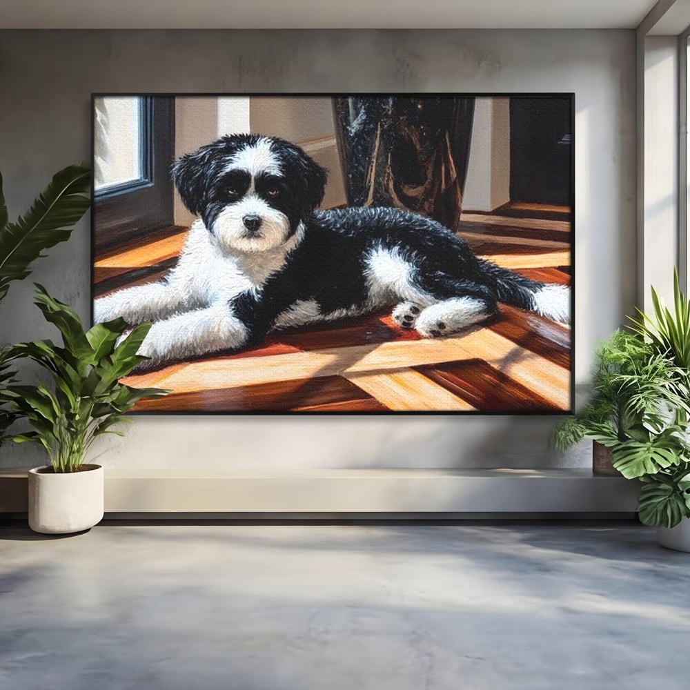 Leinwandbilder Premium, LuxCanva® M1292, Sonnenschein, Parkett, Holz, Licht, Sonne, Hund, häuslich, Schatten, Fenster, rustikal, innen, Büro, Wohnen, Wohnzimmer, Kinderzimmer