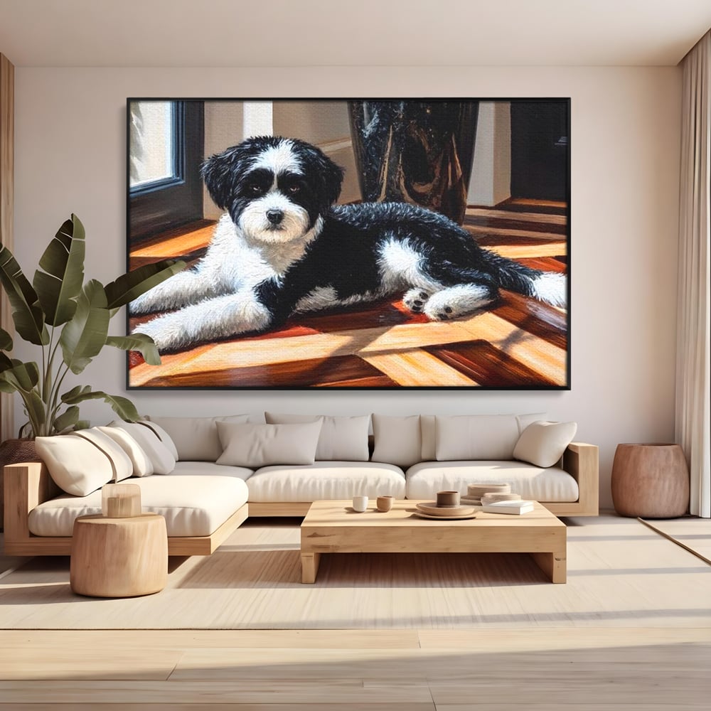 Leinwandbilder Premium, LuxCanva® M1292, Sonnenschein, Parkett, Holz, Licht, Sonne, Hund, häuslich, Schatten, Fenster, rustikal, innen, Büro, Wohnen, Wohnzimmer, Kinderzimmer