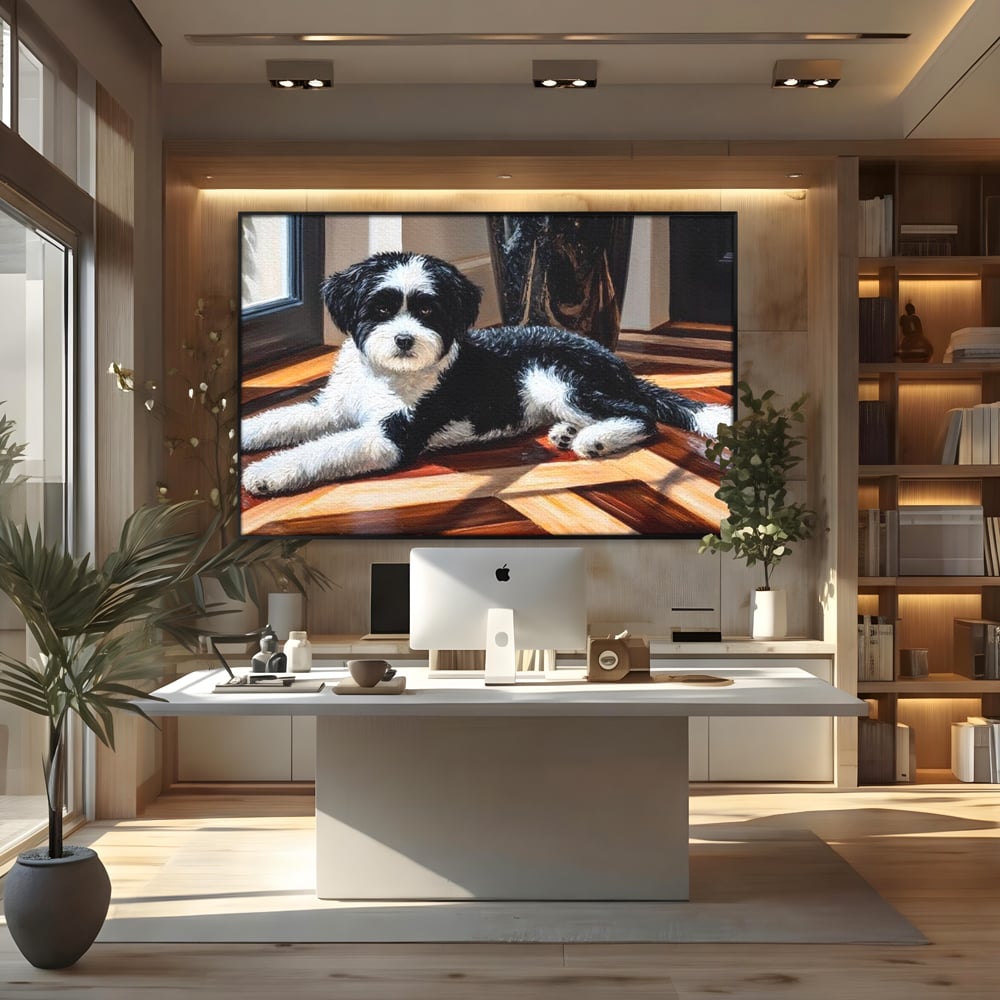 Leinwandbilder Premium, LuxCanva® M1292, Sonnenschein, Parkett, Holz, Licht, Sonne, Hund, häuslich, Schatten, Fenster, rustikal, innen, Büro, Wohnen, Wohnzimmer, Kinderzimmer