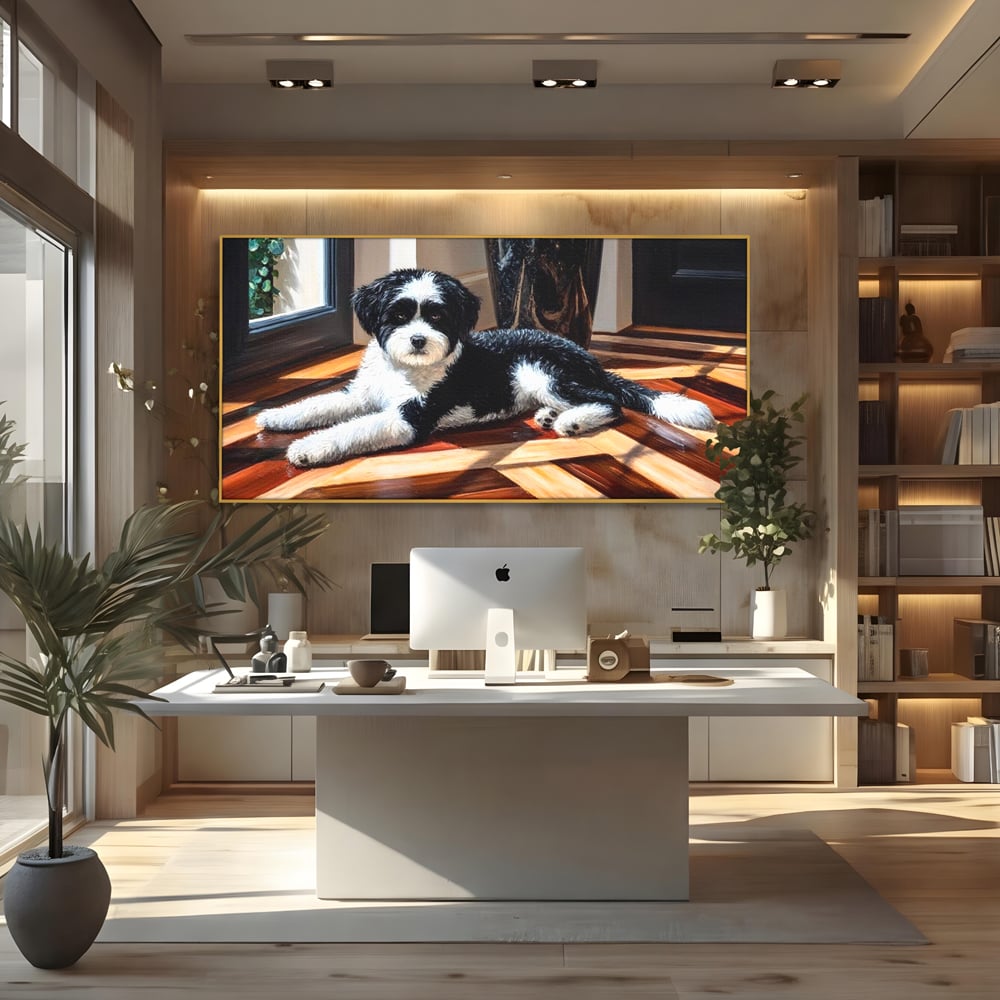 Leinwandbilder Premium, LuxCanva® M1292, Sonnenschein, Parkett, Holz, Licht, Sonne, Hund, häuslich, Schatten, Fenster, rustikal, innen, Büro, Wohnen, Wohnzimmer, Kinderzimmer