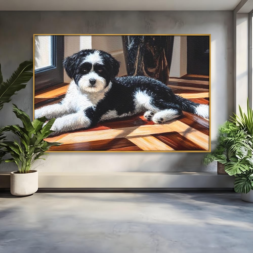 Leinwandbilder Premium, LuxCanva® M1292, Sonnenschein, Parkett, Holz, Licht, Sonne, Hund, häuslich, Schatten, Fenster, rustikal, innen, Büro, Wohnen, Wohnzimmer, Kinderzimmer
