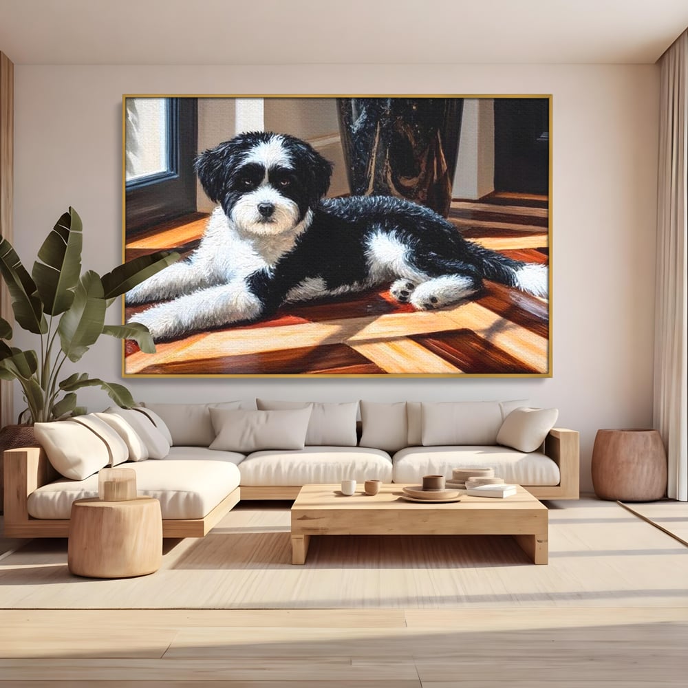 Leinwandbilder Premium, LuxCanva® M1292, Sonnenschein, Parkett, Holz, Licht, Sonne, Hund, häuslich, Schatten, Fenster, rustikal, innen, Büro, Wohnen, Wohnzimmer, Kinderzimmer