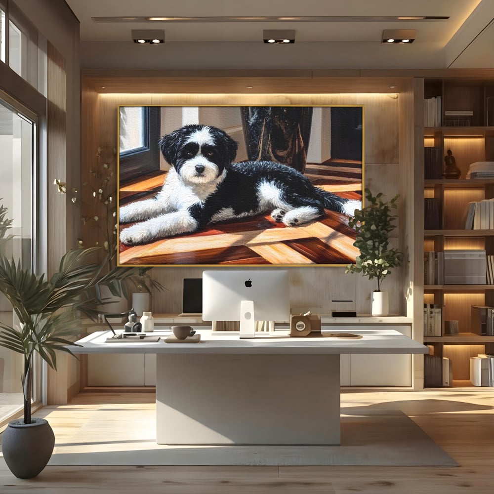 Leinwandbilder Premium, LuxCanva® M1292, Sonnenschein, Parkett, Holz, Licht, Sonne, Hund, häuslich, Schatten, Fenster, rustikal, innen, Büro, Wohnen, Wohnzimmer, Kinderzimmer