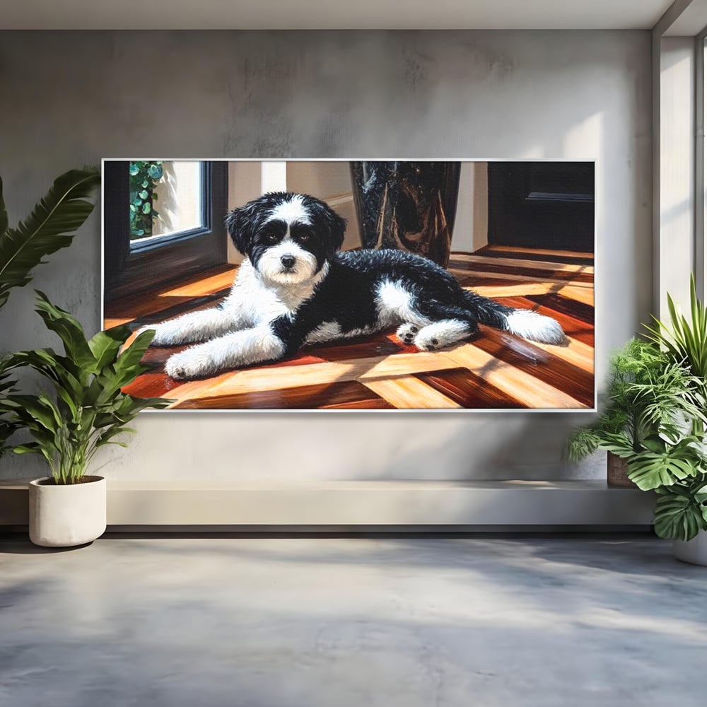 Leinwandbilder Premium, LuxCanva® M1292, Sonnenschein, Parkett, Holz, Licht, Sonne, Hund, häuslich, Schatten, Fenster, rustikal, innen, Büro, Wohnen, Wohnzimmer, Kinderzimmer
