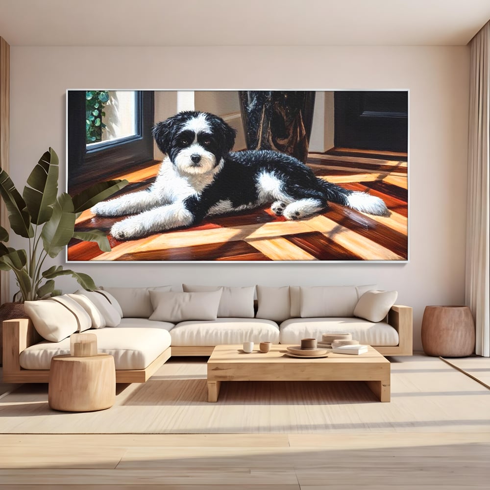 Leinwandbilder Premium, LuxCanva® M1292, Sonnenschein, Parkett, Holz, Licht, Sonne, Hund, häuslich, Schatten, Fenster, rustikal, innen, Büro, Wohnen, Wohnzimmer, Kinderzimmer