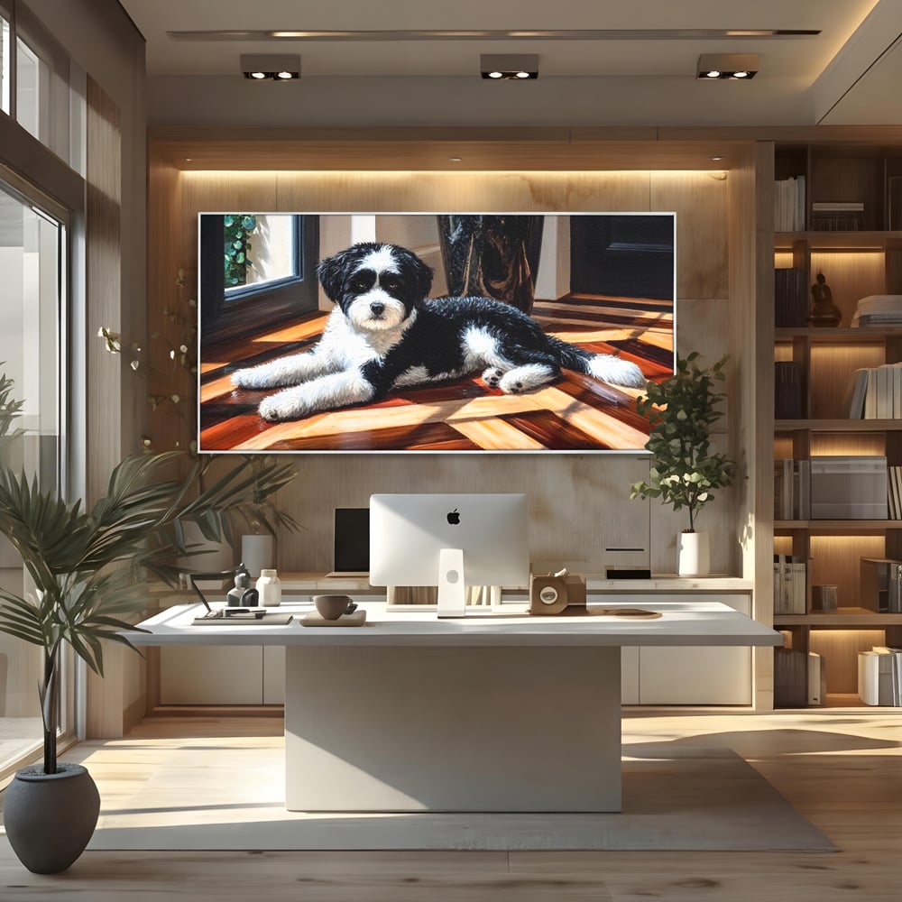 Leinwandbilder Premium, LuxCanva® M1292, Sonnenschein, Parkett, Holz, Licht, Sonne, Hund, häuslich, Schatten, Fenster, rustikal, innen, Büro, Wohnen, Wohnzimmer, Kinderzimmer
