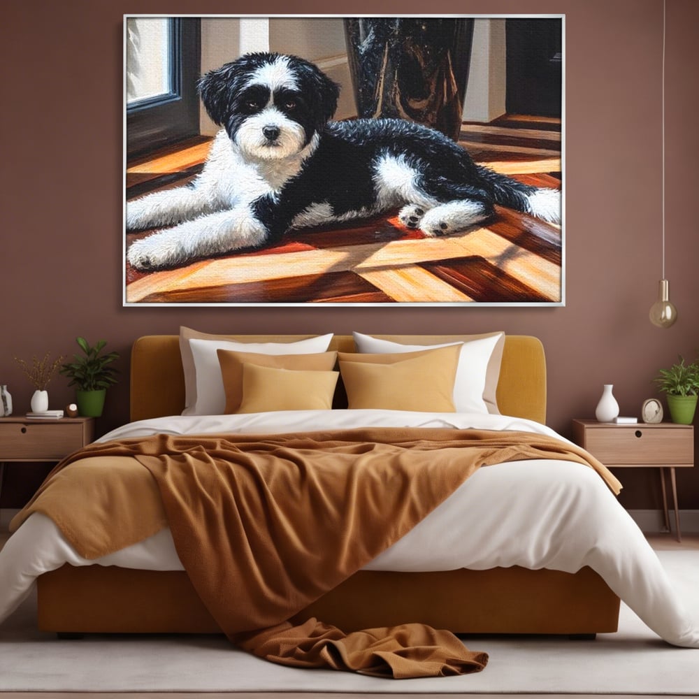 Leinwandbilder Premium, LuxCanva® M1292, Sonnenschein, Parkett, Holz, Licht, Sonne, Hund, häuslich, Schatten, Fenster, rustikal, innen, Büro, Wohnen, Wohnzimmer, Kinderzimmer