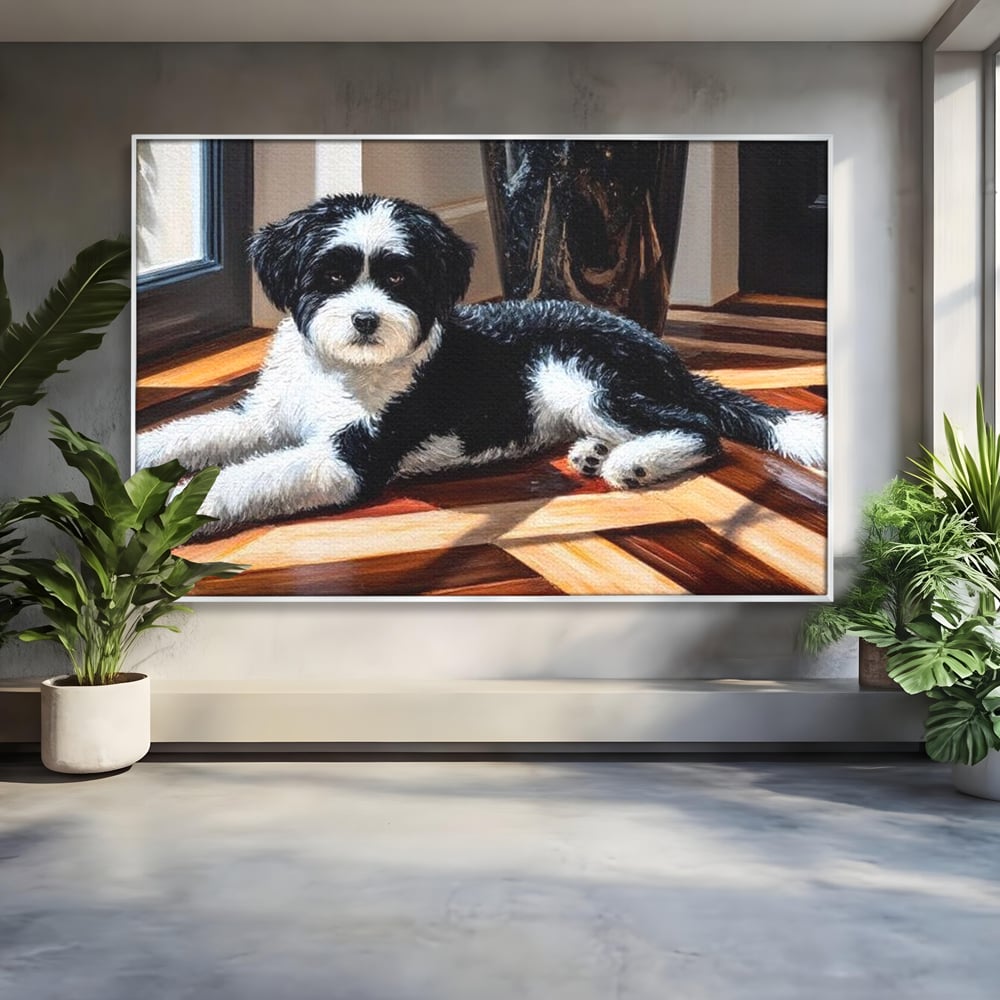 Leinwandbilder Premium, LuxCanva® M1292, Sonnenschein, Parkett, Holz, Licht, Sonne, Hund, häuslich, Schatten, Fenster, rustikal, innen, Büro, Wohnen, Wohnzimmer, Kinderzimmer