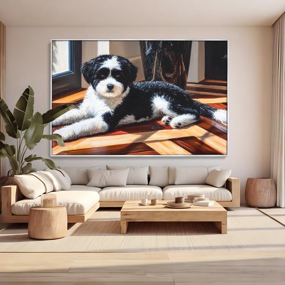 Leinwandbilder Premium, LuxCanva® M1292, Sonnenschein, Parkett, Holz, Licht, Sonne, Hund, häuslich, Schatten, Fenster, rustikal, innen, Büro, Wohnen, Wohnzimmer, Kinderzimmer