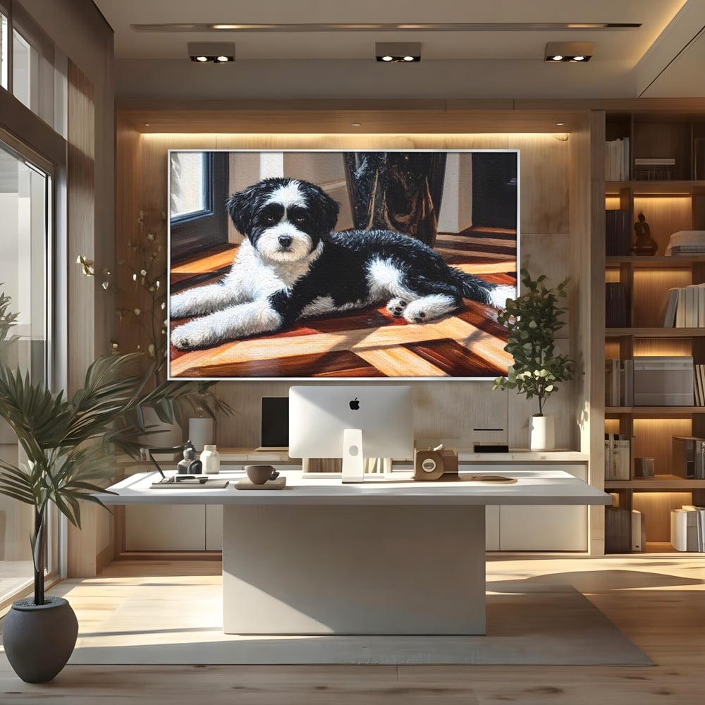 Leinwandbilder Premium, LuxCanva® M1292, Sonnenschein, Parkett, Holz, Licht, Sonne, Hund, häuslich, Schatten, Fenster, rustikal, innen, Büro, Wohnen, Wohnzimmer, Kinderzimmer