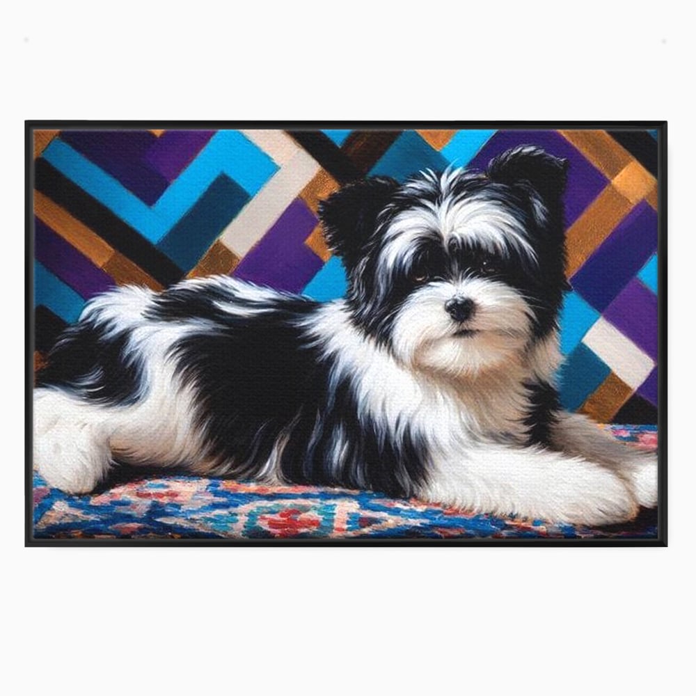 Premium Canvas Wandkunst, LuxCanva® M1293, Farbige Ecke, Raum, Teppich, Abstrakt, Geometrisch, Blanos, Decken, Hund, Wandteppich, Design, Heim, Kamin, Formen, Büro, Wohnen, Wohnzimmer, Babyzimmer