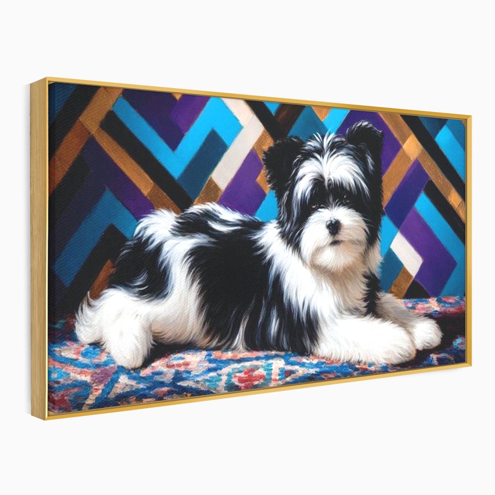 Premium Canvas Wandkunst, LuxCanva® M1293, Farbige Ecke, Raum, Teppich, Abstrakt, Geometrisch, Blanos, Decken, Hund, Wandteppich, Design, Heim, Kamin, Formen, Büro, Wohnen, Wohnzimmer, Babyzimmer