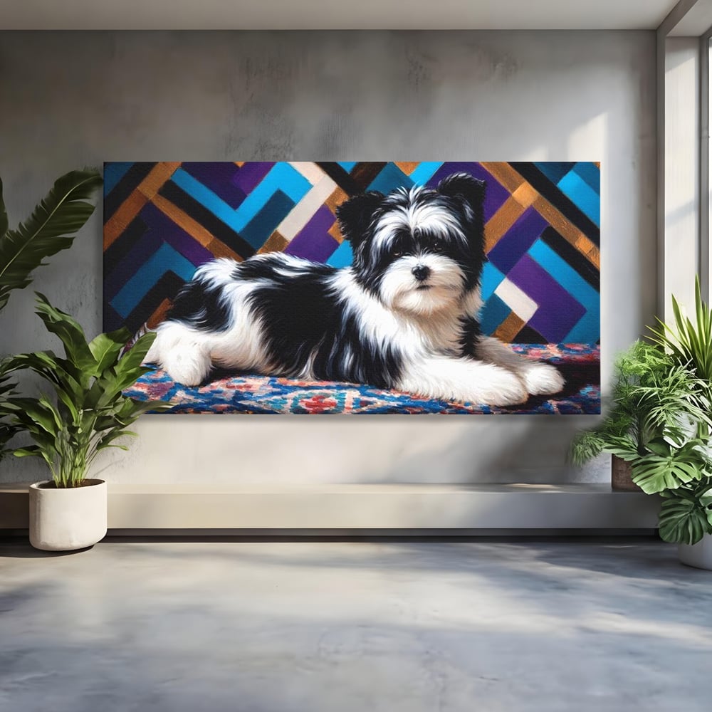 Premium Canvas Wandkunst, LuxCanva® M1293, Farbige Ecke, Raum, Teppich, Abstrakt, Geometrisch, Blanos, Decken, Hund, Wandteppich, Design, Heim, Kamin, Formen, Büro, Wohnen, Wohnzimmer, Babyzimmer