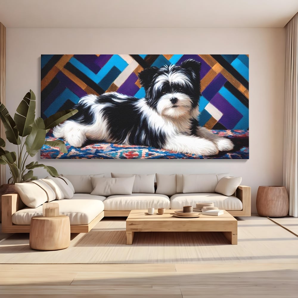 Premium Canvas Wandkunst, LuxCanva® M1293, Farbige Ecke, Raum, Teppich, Abstrakt, Geometrisch, Blanos, Decken, Hund, Wandteppich, Design, Heim, Kamin, Formen, Büro, Wohnen, Wohnzimmer, Babyzimmer