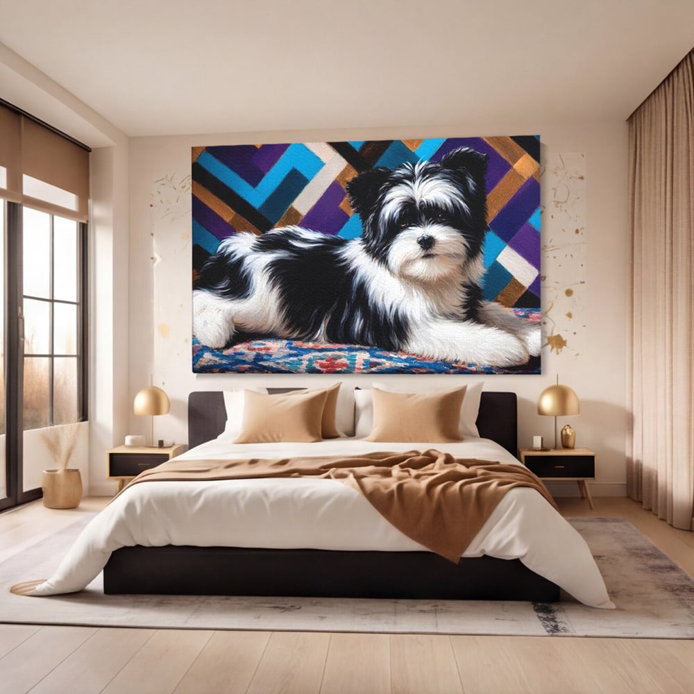 Premium Canvas Wandkunst, LuxCanva® M1293, Farbige Ecke, Raum, Teppich, Abstrakt, Geometrisch, Blanos, Decken, Hund, Wandteppich, Design, Heim, Kamin, Formen, Büro, Wohnen, Wohnzimmer, Babyzimmer