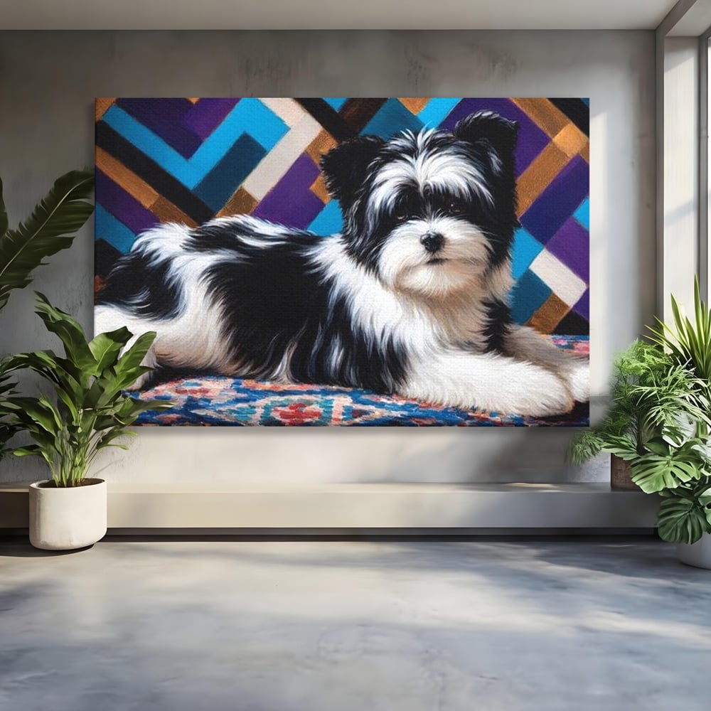 Premium Canvas Wandkunst, LuxCanva® M1293, Farbige Ecke, Raum, Teppich, Abstrakt, Geometrisch, Blanos, Decken, Hund, Wandteppich, Design, Heim, Kamin, Formen, Büro, Wohnen, Wohnzimmer, Babyzimmer
