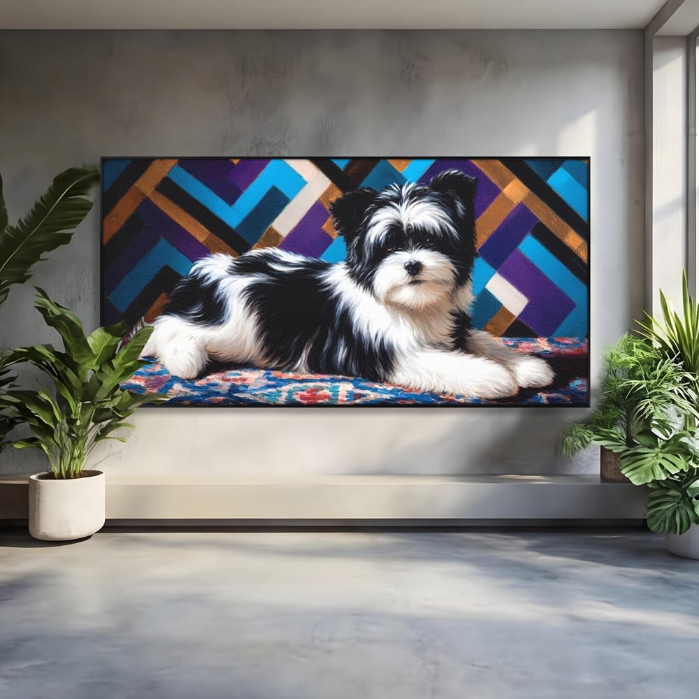 Premium Canvas Wandkunst, LuxCanva® M1293, Farbige Ecke, Raum, Teppich, Abstrakt, Geometrisch, Blanos, Decken, Hund, Wandteppich, Design, Heim, Kamin, Formen, Büro, Wohnen, Wohnzimmer, Babyzimmer
