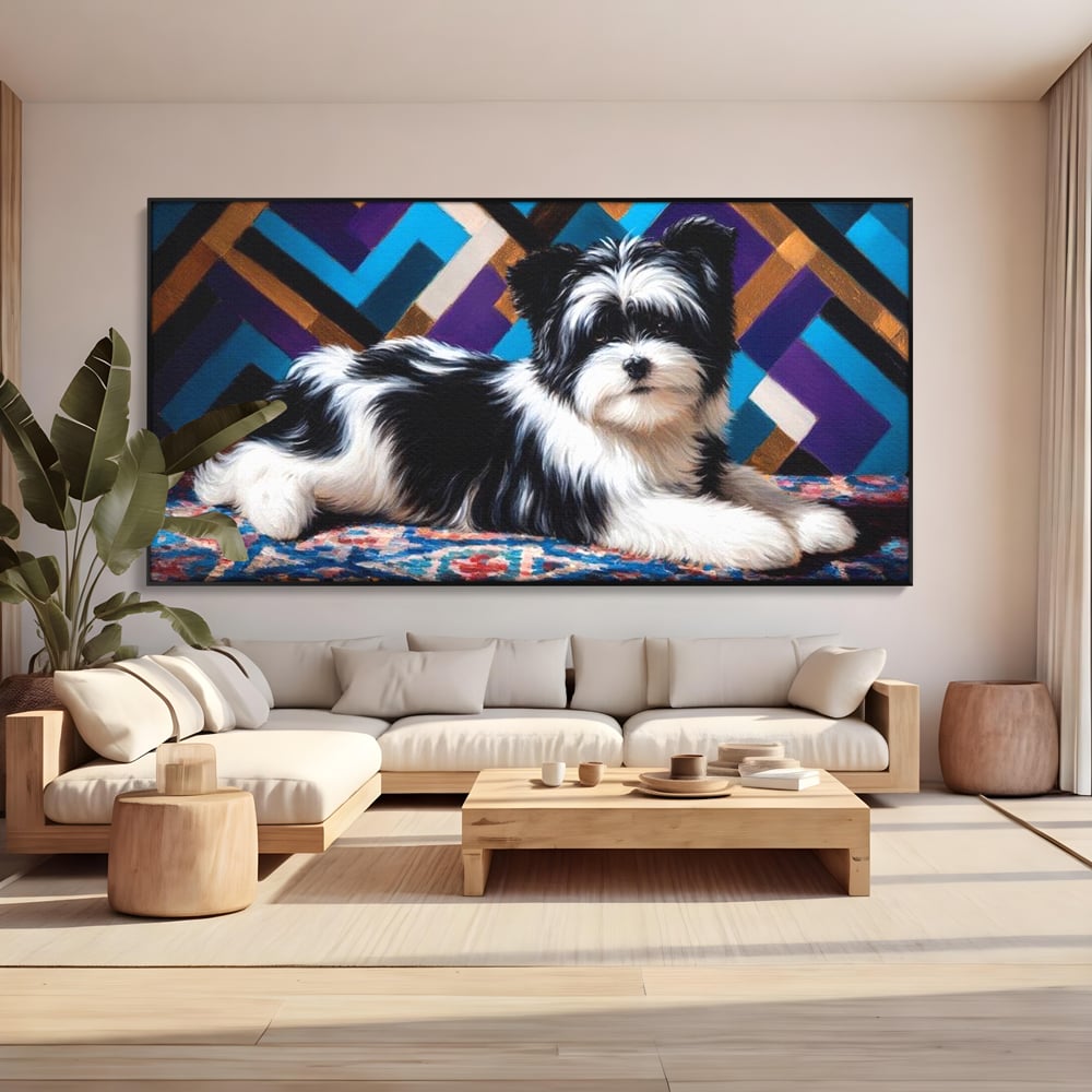 Premium Canvas Wandkunst, LuxCanva® M1293, Farbige Ecke, Raum, Teppich, Abstrakt, Geometrisch, Blanos, Decken, Hund, Wandteppich, Design, Heim, Kamin, Formen, Büro, Wohnen, Wohnzimmer, Babyzimmer