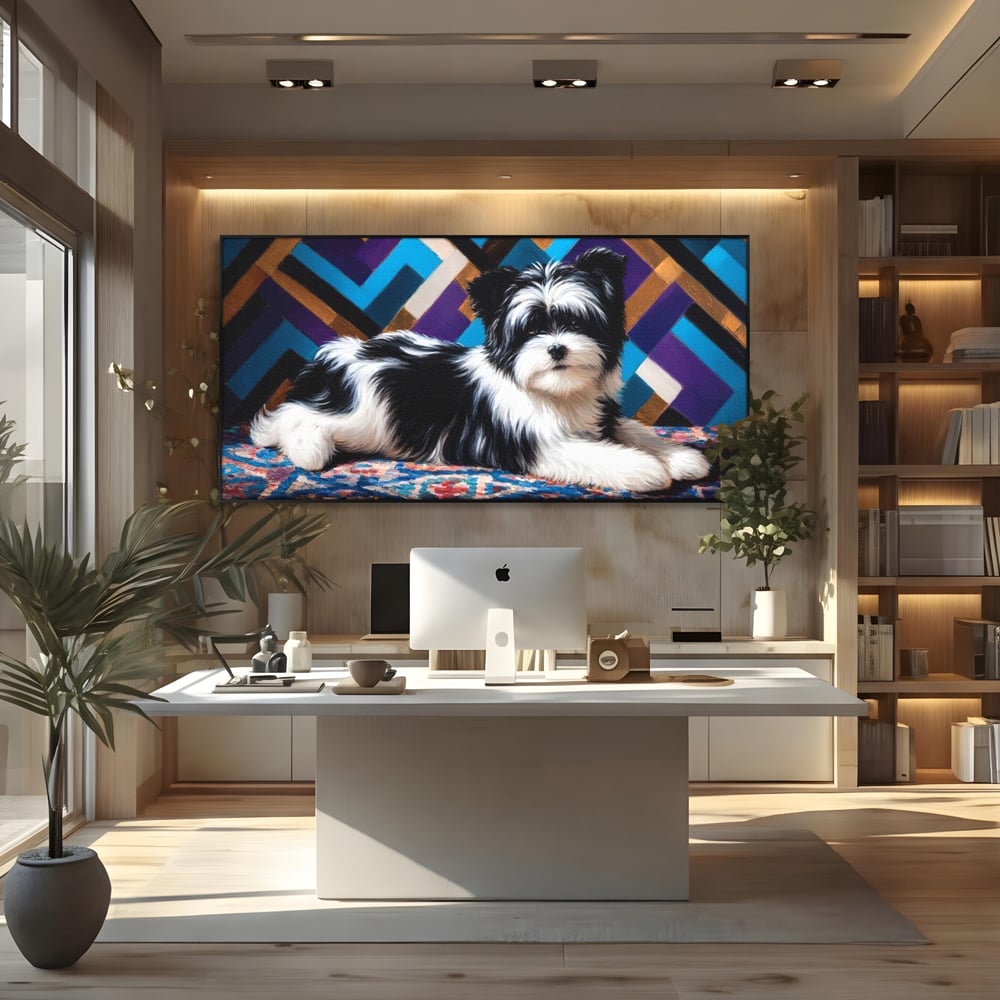 Premium Canvas Wandkunst, LuxCanva® M1293, Farbige Ecke, Raum, Teppich, Abstrakt, Geometrisch, Blanos, Decken, Hund, Wandteppich, Design, Heim, Kamin, Formen, Büro, Wohnen, Wohnzimmer, Babyzimmer