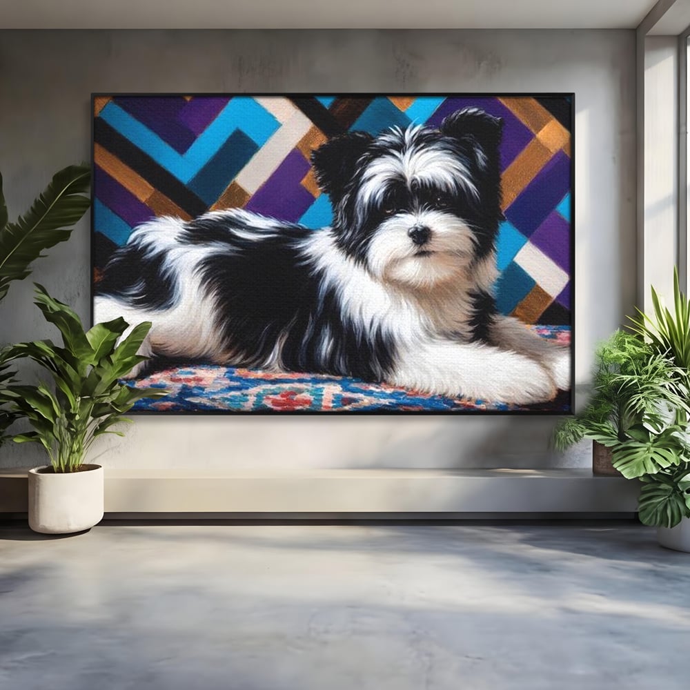 Premium Canvas Wandkunst, LuxCanva® M1293, Farbige Ecke, Raum, Teppich, Abstrakt, Geometrisch, Blanos, Decken, Hund, Wandteppich, Design, Heim, Kamin, Formen, Büro, Wohnen, Wohnzimmer, Babyzimmer
