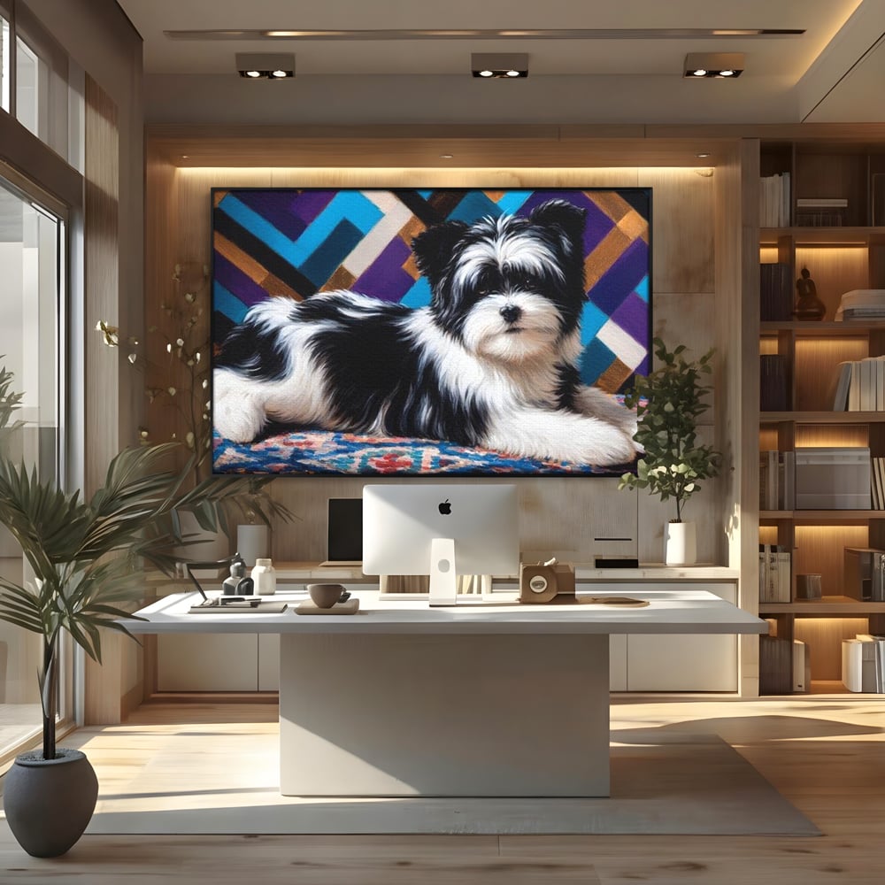 Premium Canvas Wandkunst, LuxCanva® M1293, Farbige Ecke, Raum, Teppich, Abstrakt, Geometrisch, Blanos, Decken, Hund, Wandteppich, Design, Heim, Kamin, Formen, Büro, Wohnen, Wohnzimmer, Babyzimmer