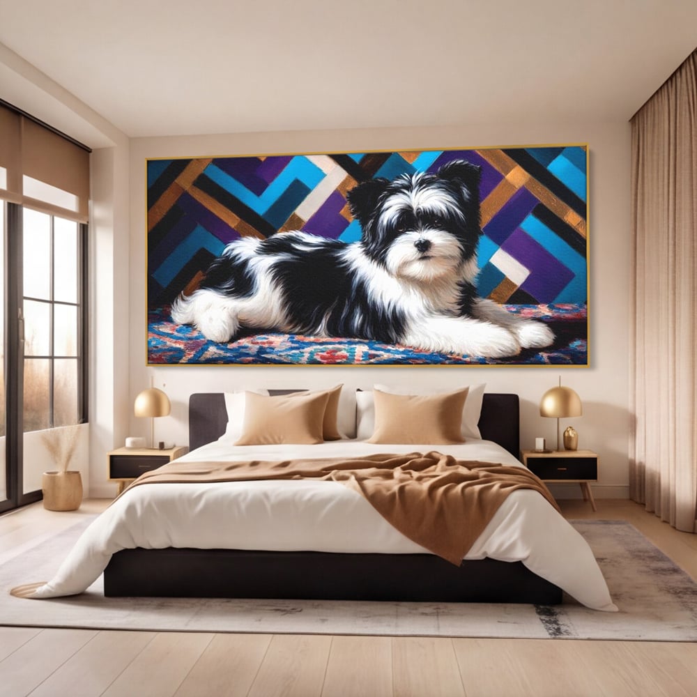 Premium Canvas Wandkunst, LuxCanva® M1293, Farbige Ecke, Raum, Teppich, Abstrakt, Geometrisch, Blanos, Decken, Hund, Wandteppich, Design, Heim, Kamin, Formen, Büro, Wohnen, Wohnzimmer, Babyzimmer