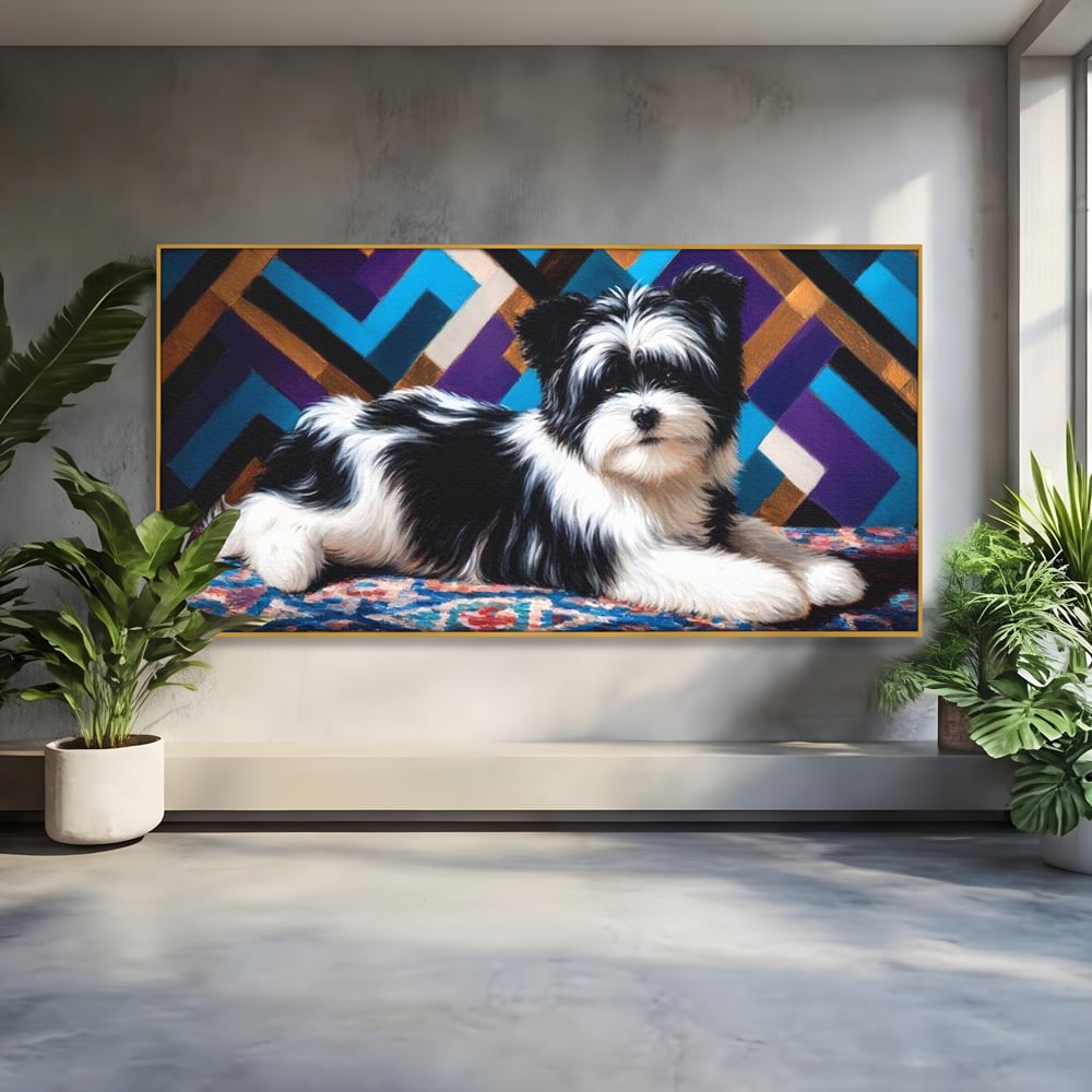 Premium Canvas Wandkunst, LuxCanva® M1293, Farbige Ecke, Raum, Teppich, Abstrakt, Geometrisch, Blanos, Decken, Hund, Wandteppich, Design, Heim, Kamin, Formen, Büro, Wohnen, Wohnzimmer, Babyzimmer
