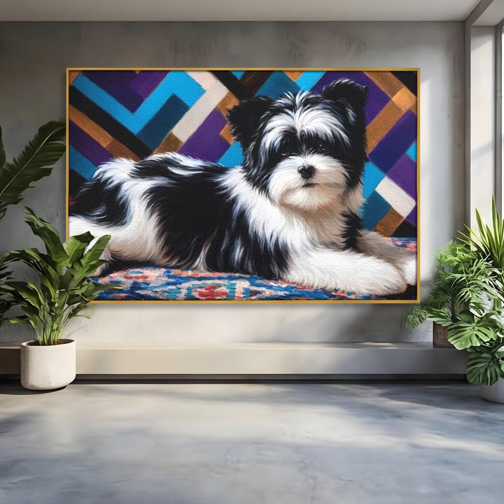 Premium Canvas Wandkunst, LuxCanva® M1293, Farbige Ecke, Raum, Teppich, Abstrakt, Geometrisch, Blanos, Decken, Hund, Wandteppich, Design, Heim, Kamin, Formen, Büro, Wohnen, Wohnzimmer, Babyzimmer