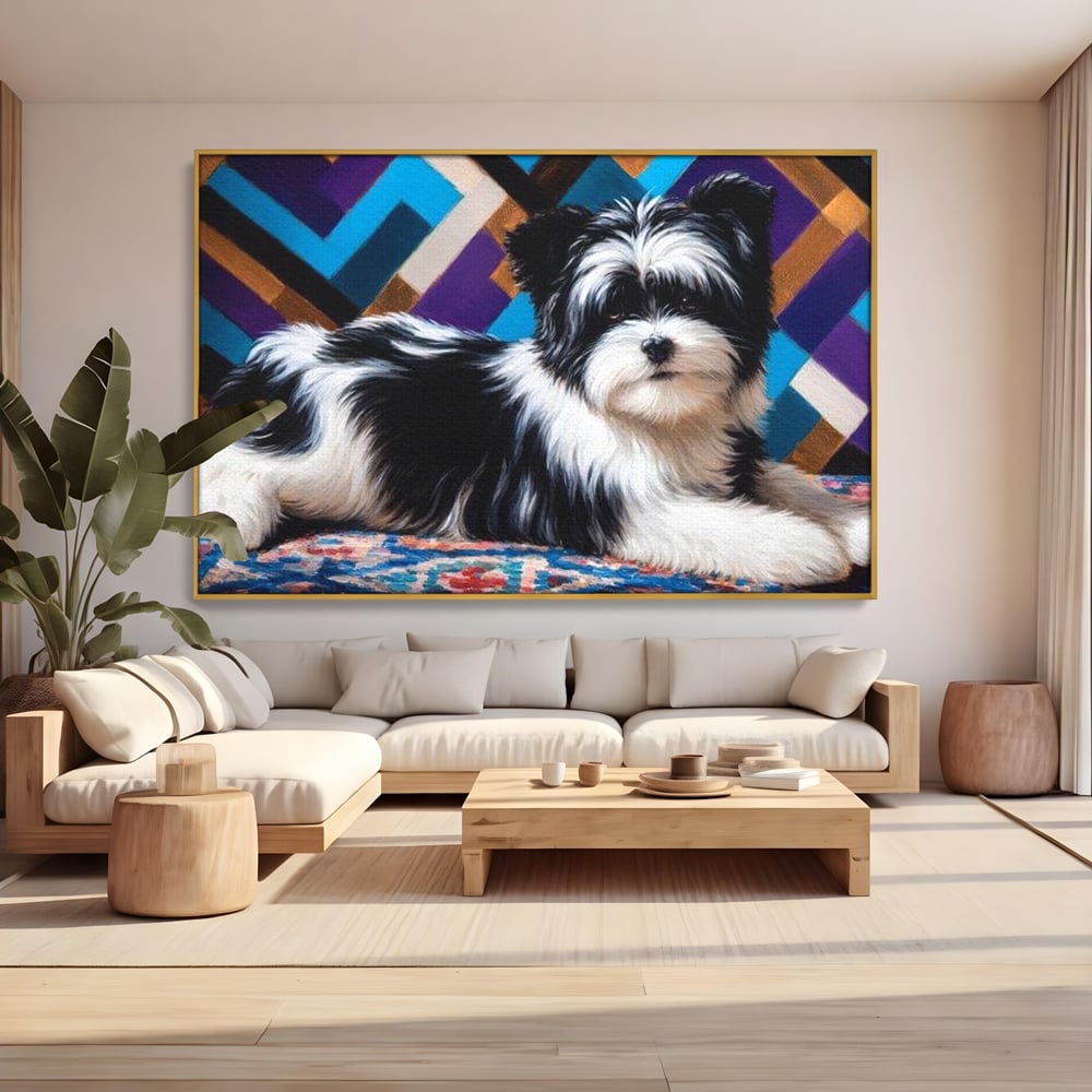 Premium Canvas Wandkunst, LuxCanva® M1293, Farbige Ecke, Raum, Teppich, Abstrakt, Geometrisch, Blanos, Decken, Hund, Wandteppich, Design, Heim, Kamin, Formen, Büro, Wohnen, Wohnzimmer, Babyzimmer