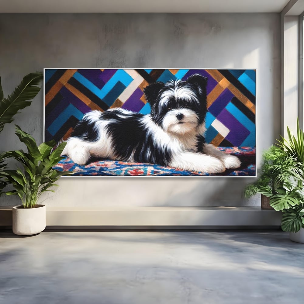 Premium Canvas Wandkunst, LuxCanva® M1293, Farbige Ecke, Raum, Teppich, Abstrakt, Geometrisch, Blanos, Decken, Hund, Wandteppich, Design, Heim, Kamin, Formen, Büro, Wohnen, Wohnzimmer, Babyzimmer