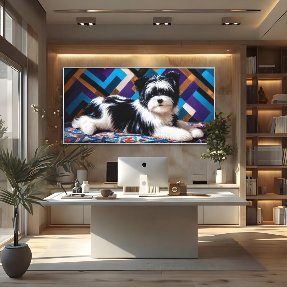 Premium Canvas Wandkunst, LuxCanva® M1293, Farbige Ecke, Raum, Teppich, Abstrakt, Geometrisch, Blanos, Decken, Hund, Wandteppich, Design, Heim, Kamin, Formen, Büro, Wohnen, Wohnzimmer, Babyzimmer